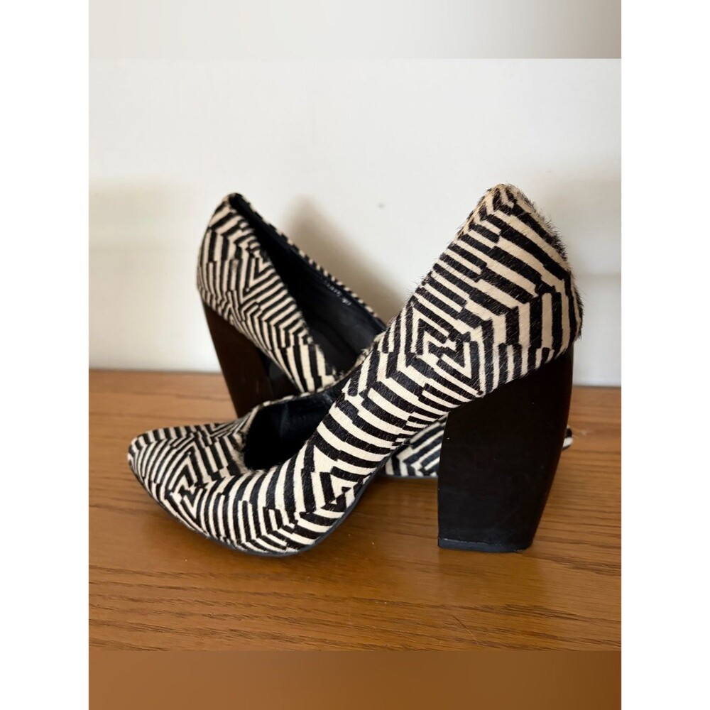 Y2K Pony Hair Black & Cream Fractured Zebra Pattern Chunky Block Heel Pumps